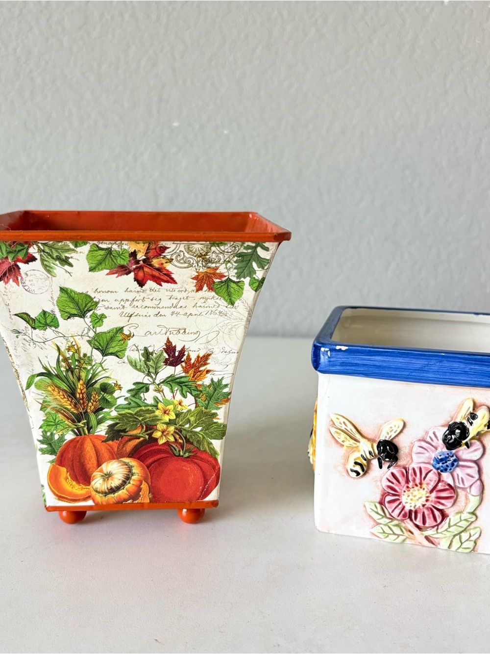 Lot of 2 Square Tin & Ceramic Pots Small Succulent Planters No Drainage Hole